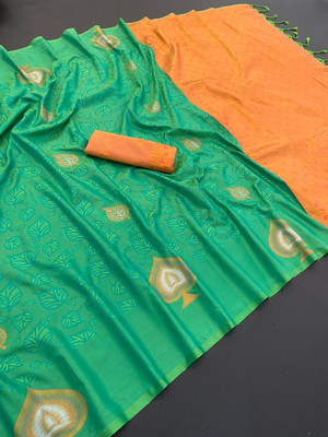 MOON VOGUE Woven Saree with Attached Blouse Art Silk Saree(Light Green)