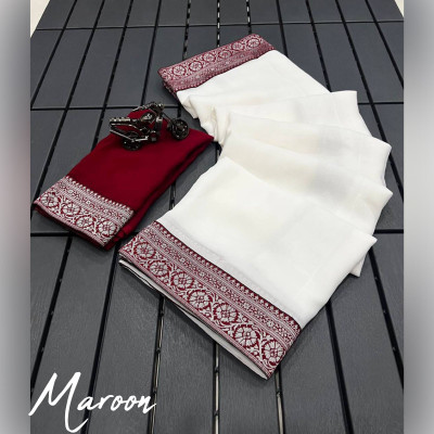 THESIYA FAB Solid/Plain Bollywood Jacquard, Art Silk Saree(White)