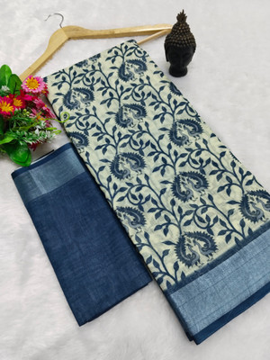 HouseOfCommon Printed Kanjivaram Pure Cotton, Cotton Silk Saree(Blue)