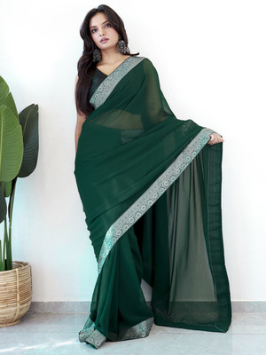 Anouk Rustic Solid/Plain Pre Draped Saree Georgette Saree(Green)