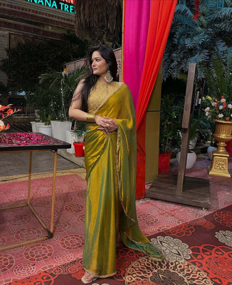 Sundhaji Trends Solid/Plain, Temple Border, Embellished Bollywood Chiffon, Tissue Saree(Yellow)