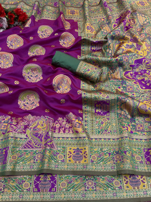 DEV SHREE SILK Woven, Embellished, Temple Border Banarasi Jacquard Saree(Green, Purple)