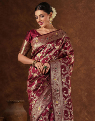 Samah Woven, Embellished Banarasi Silk Blend, Jacquard Saree(Maroon)