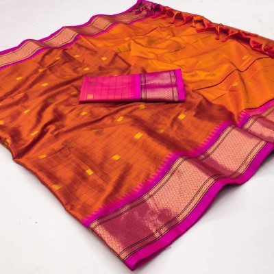 Pinky Fashion Self Design Paithani Cotton Silk Saree(Orange, Pink)