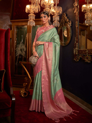 odette Woven Saree with Attached Blouse Silk Blend Saree(Green)