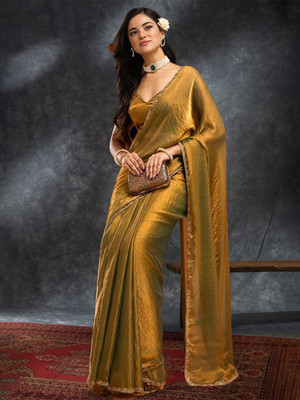 A To Z Cart Solid/Plain Bollywood Chiffon Saree(Gold)