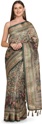 kaizen texo fab Digital Print Kalamkari Linen Saree(Multicolor)