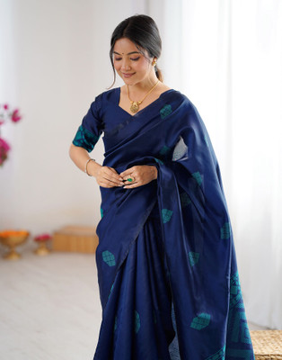 Samah Woven, Embellished Banarasi Silk Blend Saree(Dark Blue)