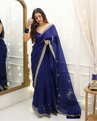 Suvella Embellished, Woven Bollywood Organza Saree(Dark Blue)