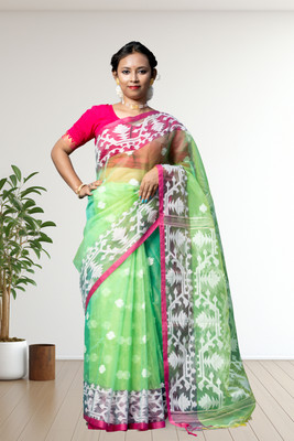 Sandhya Saree Creations Woven, Embroidered, Self Design Jamdani Muslin Saree(Green)