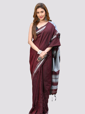 HouseOfCommon Striped, Solid/Plain Handloom Cotton Blend Saree(Maroon)