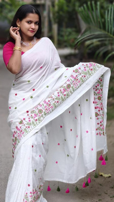 Handloom cotton silk sarees Embroidered Saree with Attached Blouse Cotton Silk Saree(White)