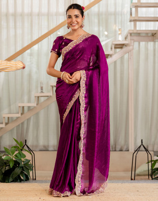 Satrani Solid/Plain, Embroidered Bollywood Chiffon Saree(Magenta)