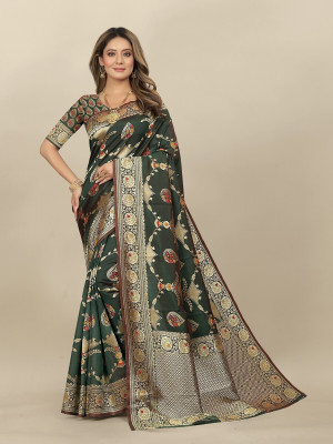 Hinayat Fashion Self Design, Printed, Embroidered, Embellished, Woven Kanjivaram Cotton Silk, Silk Blend Saree(Green)