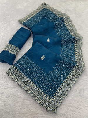Zari and Ziba Embroidered Bollywood Satin Saree(Dark Blue)