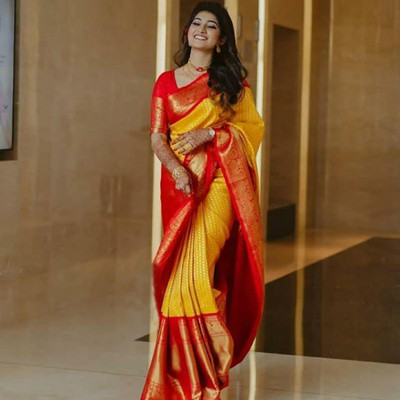 AMRUTKALA SAREES Woven Banarasi Silk Blend Saree(Yellow, Red)