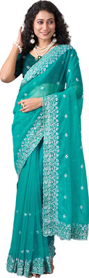 A V M PRINTS Embroidered Bollywood Net Saree(Light Blue)