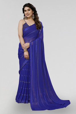 Moda Rapido Self Design, Striped, Embellished Daily Wear Satin Saree(Blue)