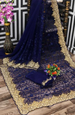 KHRITI FAB Embroidered, Floral Print Bollywood Net Saree(Blue)