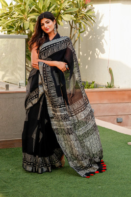 Pallo Latke Printed, Blocked Printed Bollywood Cotton Linen Saree(Black)