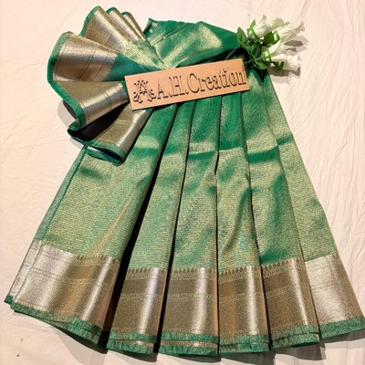 AHCREATION Self Design Banarasi Tissue Saree(Green)