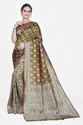 AAGIRI Self Design, Floral Print, Embellished, Woven, Applique Banarasi Jacquard, Art Silk Saree(Light Green)