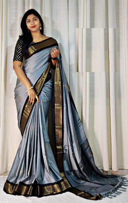 NST5 Woven Maheshwari Cotton Silk Saree(Grey, Black, Gold)