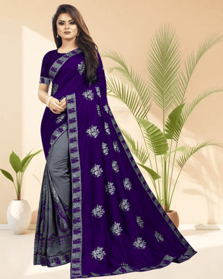 SHOBHTESH Embroidered Madhubani Silk Blend, Net Saree(Blue, Grey)