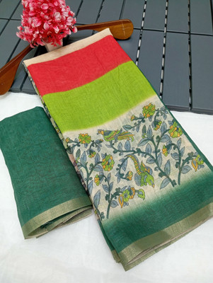 HouseOfCommon Woven Kanjivaram Linen, Cotton Linen Saree(Green)