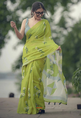 Soor Panchi Printed Bollywood Cotton Linen Saree(Green)