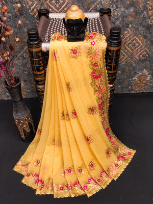 KHRITI FAB Embroidered, Floral Print Bollywood Georgette Saree(Yellow)