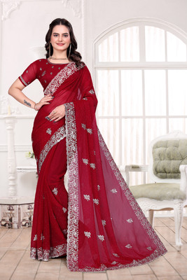 KHRITI FAB Embroidered Bollywood Silk Blend Saree(Red)