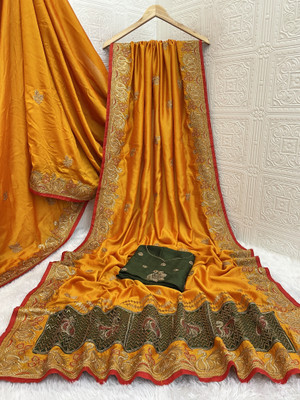 CHAMUNDA CREATION Embroidered Bollywood Pure Silk Saree(Gold)