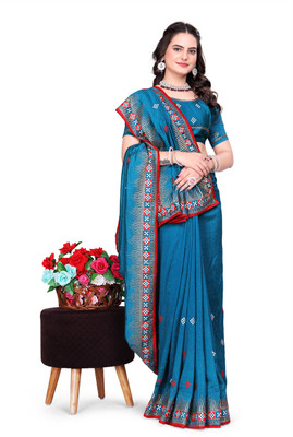 KHRITI FAB Embroidered Bollywood Silk Blend Saree(Dark Blue)