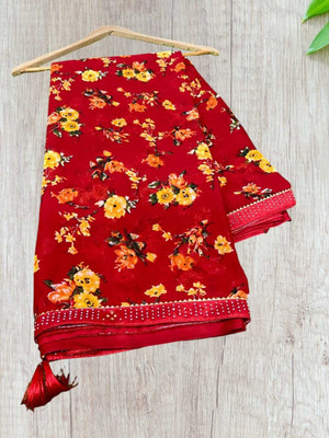 HouseOfCommon Printed Bandhani Chiffon Saree(Pack of 2, Red)