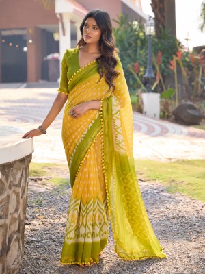 ANOUK Printed Hand Batik Cotton Blend Saree(Yellow)