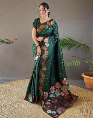 Satrani Woven, Embellished, Self Design Bollywood Silk Blend, Jacquard Saree(Dark Green, Silver)