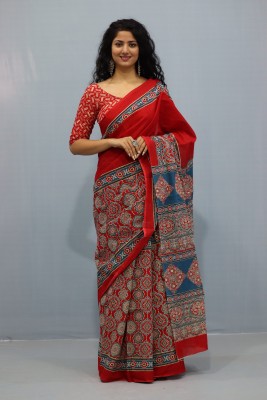 JAI HANUMAN HAND PRINTING Printed Daily Wear Pure Cotton Saree(Red)