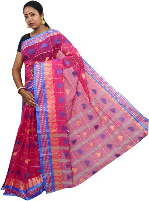 PuJoy Woven, Checkered Tant Pure Cotton Saree(Pink)