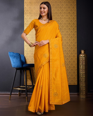 Divastri Solid/Plain, Self Design Bollywood Tussar Silk, Silk Blend Saree(Orange)
