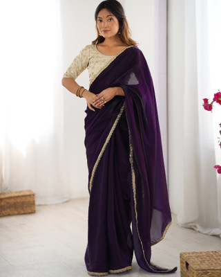 HouseOfCommon Embroidered, Solid/Plain Bollywood Satin Saree(Purple)