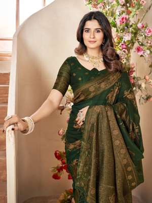 Valley Printed Banarasi Silk Blend Saree(Dark Green)