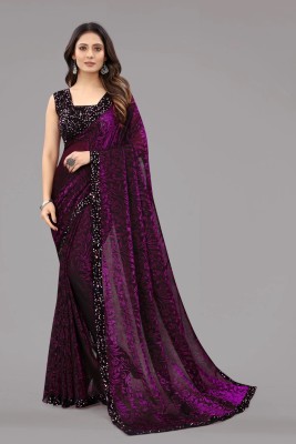 Shree Shyam Creation Digital Print, Embroidered, Solid/Plain, Printed Bollywood Lycra Blend Saree(Purple)