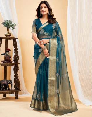 Satrani Embellished, Embroidered, Woven Banarasi Organza, Jacquard Saree(Light Blue)