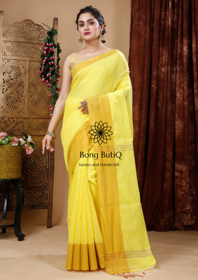 Bong ButiQ Solid/Plain Bollywood Handloom Cotton Blend Saree(Yellow, Gold)