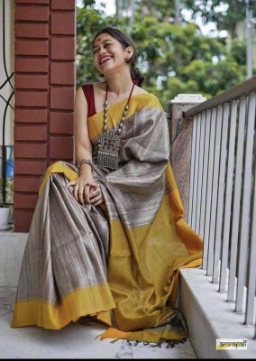 shefali Self Design, Solid/Plain, Woven Handloom Cotton Silk Saree(Silver)