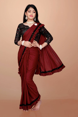 KV Fashion Embellished Bollywood Lycra Blend Saree(Maroon)