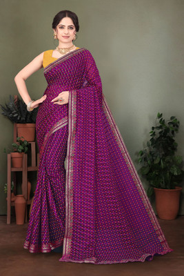Falessa Printed Bandhani Georgette Saree(Purple, Yellow)