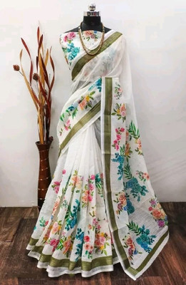 KHANUDI Digital Print Bollywood Handloom Cotton Linen Saree(Multicolor)