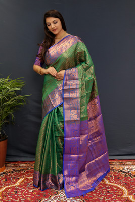 HouseOfCommon Self Design Banarasi Cotton Silk, Jacquard Saree(Blue)